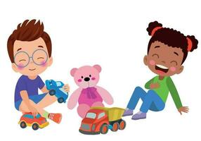 A boy and girl playing with toys and a teddy bear. vector