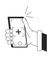 Taking selfie with smart phone camera bw vector spot illustration. Auto focus 2D cartoon flat line monochromatic first view hand on white for web UI design. Editable isolated outline hero image