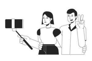 Couple taking selfie bw vector spot illustration. Guy showing peace sign on camera 2D cartoon flat line monochromatic characters on white for web UI design. Editable isolated outline hero image