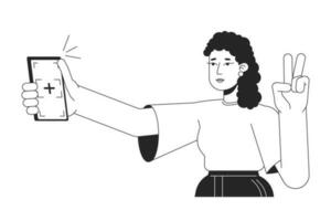 Girl posing for selfie with peace fingers bw vector spot illustration. Gen Z holding phone 2D cartoon flat line monochromatic character on white for web UI design. Editable isolated outline hero image