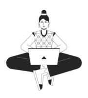 Girl blogger typing on laptop bw vector spot illustration. Writer sitting with notebook 2D cartoon flat line monochromatic character on white for web UI design. Editable isolated outline hero image