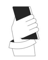 Holding cellphone back view bw vector spot illustration. Use electronic gadget 2D cartoon flat line monochromatic first view hand on white for web UI design. Tech editable isolated outline hero image