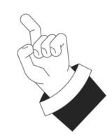 Raised up hand with index finger ready to touch bw vector spot illustration. 2D cartoon flat line monochromatic first view hand on white for web UI design. Editable isolated outline hero image