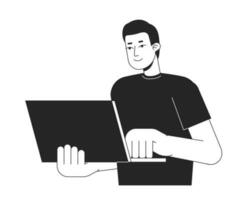 Guy standing with laptop bw vector spot illustration. Holding notebook with one hand 2D cartoon flat line monochromatic character on white for web UI design. Editable isolated outline hero image