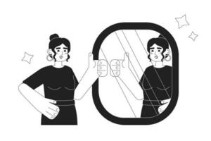 Mirror affirmations monochrome concept vector spot illustration. Woman with thumb up reflection mirror 2D flat bw cartoon character for web UI design. Good job isolated editable hand drawn hero image