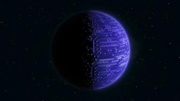 abstrait en boucle filage planète violet salut-technologie lumineux rond sphère dans espace contre le Contexte de étoiles, vidéo 4k, 60 images par seconde video