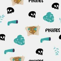 Pirate sea flat vector seamless pattern. Sailing backdrop. Anchor, map, compass, spyglass, bottle with rum and steering wheel on white background. Black pirate flag with crossed bones texture.