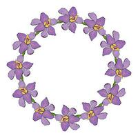 Wreath round frame with doodle purple violet Iris flowers hand drawn. vector