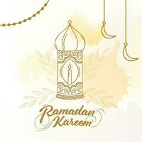 Ramadan Kareem Font With Line Art Lantern, Crescent Moon Hang And Watercolor Effect On White Background. vector