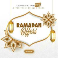 Ramadan Sale Poster Design With Discount Offer, Floral And Lit Lanterns Hang On White Islamic Pattern Background. vector