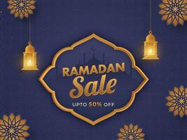 Ramadan Sale Poster Design With Discount Offer, Silhouette Mosque, Lit Lanterns Hang On Blue Islamic Pattern Background. vector