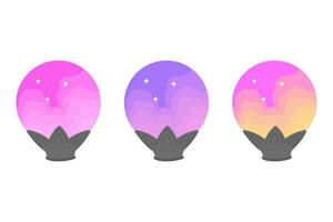 Set of 3 multicolored vector balls for divination isolated on a white background. Magic glass crystals with clouds and stars inside on a beautiful metal stand.