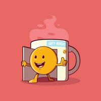 un emoji personaje deseando bueno lunes desde un café taza vector ilustración. motivación, inspiración diseño concepto.