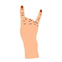 Hand showing Rock sign. Hand gesture devil horns. Colorful vector flat cartoon illustration isolated on white. Symbol of rock Heavy metal music fans