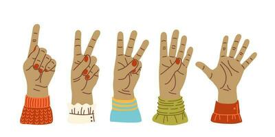 Hands count, counting on the fingers Hand gesture vector illustration isolated. Numbers on the hands. Hand smudge. different nationalities races Diverse society Cartoon style