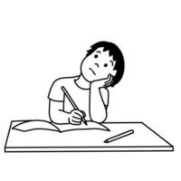 A boy thinking while studying doing homework at the desk in black and white vector illustration