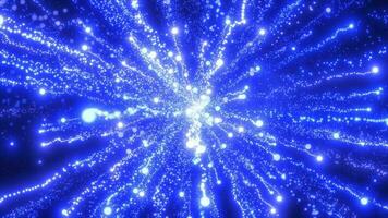 abstrakt blå energi fyrverkeri partikel honnör magisk ljus lysande trogen hi-tech med fläck effekt och bokeh bakgrund video