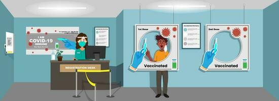 hospital registro escritorio y hombre recibe primero dosis de vacunación antes de segundo dosis para conciencia concepto. vector