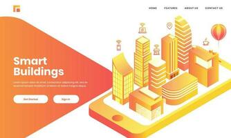3D view of skyscaper building, home and hospital like as mobile app in smartphone for Smart Buildings concept based landing page design. vector