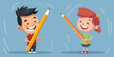 Students with a pencil. Boy and girl in full growth with a pencil in flat style. vector