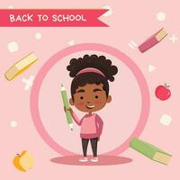 Back to school, school admission, with a little girl on pink background standing with a pencil. vector