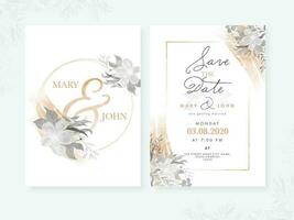 Front and Back View of Wedding Invitation Card Template Layout Decorated with Flowers. vector