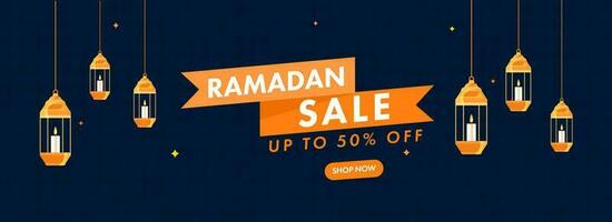 Ramadan Sale Header Or Banner Design With Lit Candle Inside Lanterns Hang. vector