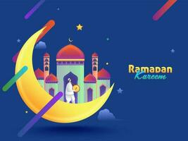 Glossy Yellow Crescent Moon With Mosque, Muslim Man Playing Drum On Blue Background For Ramadan Kareem Concept. vector