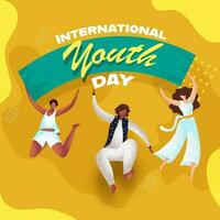 International Youth Day Concept with Faceless Young Boy and Girls Jumping on Yellow Abstract Background. vector