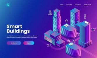 Isometric illustration of skyscraper buildings with technology devices through internet network, Internet of socila media service app for Smart Building concept based landing page design. vector