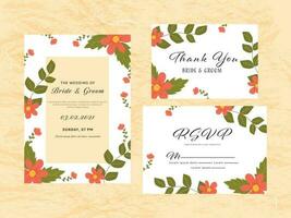 Wedding Invitation Like As Save The Date, Thank You and RSVP Card Decorated with Flowers and Leaves. vector