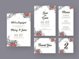 Floral Wedding Invitation Card Set such as Save The Date, Menu Details, Table Number and Thank You. vector
