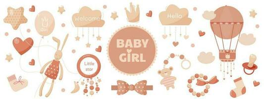 vector set pink toys for baby girl with lot of pretty decor