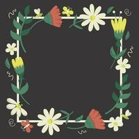 Different flat summer wild flowers square on black background. Vector frame with floral plants, banner template