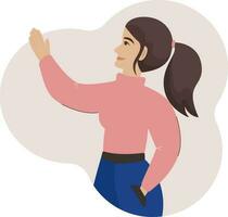 Vector illustration with a young happy girl speaking, explaining, showing by her hand. Smiling woman telling and reporting information. Flat cartoon character in profile. Education or business concept