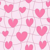 Cute Cartoon Hearts Seamless Pattern. Distorted Groovy Chessboard Background. Retro Love Style for Print on Textile, Wrapping Paper. Vector Pink Print for Princess Baby.