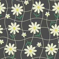 Cartoon daisy and chessboard seamless pattern on black background. Groovy distorted chessboard print with wild flowers. Vector illustration with chamomile plants