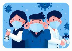 People fight for health with wearing face mask, washing hands and using sanitizer vector