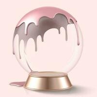 Empty snow globe with golden color base, dripping pink liquid on the sphere in 3d illustration vector