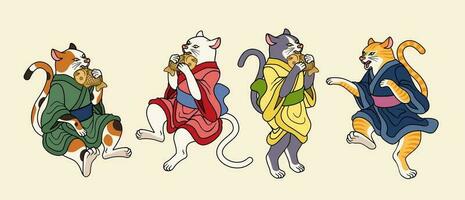 Cute cats wearing yukata and eating taiyaki in ukiyo-e style, a kind of japanese snacks vector