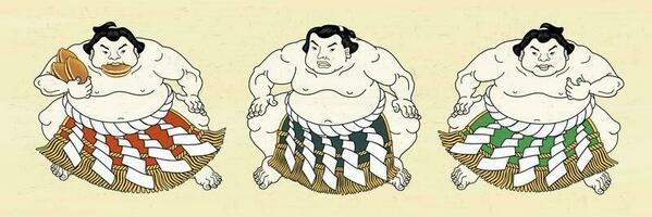 Tres japonés sumo luchador en vistoso cinturón y uno de ellos participación dorayaki aperitivos, ukiyo-e estilo ilustración vector