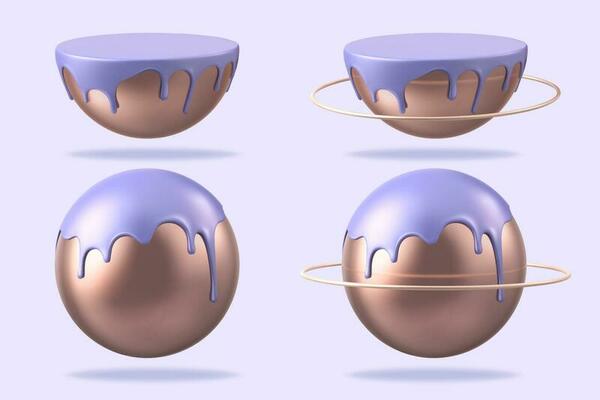 Lovely 3d illustration bronze planet with violet purple liquid covering on it, planets set