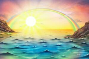 Colorful ocean beach sunrise with rainbow and sun rays background vector