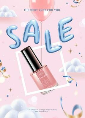 Pink lacquer floating with balloon on cloud pink background, 3d illustration nail lacquer ads