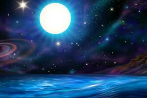 Beautiful glowing full moon and galaxy upon tranquil ocean background vector