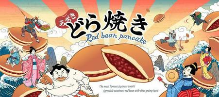 japonés dorayaki bandera anuncios con antiguo personas disfrutando ellos en ukiyo-e estilo, rojo frijol tortita escrito en japonés caligrafía vector