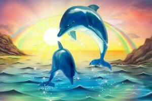 Lovely breaching bottlenose dolphins upon dawn sunshine sky in 3d illustration, Marine mural vector