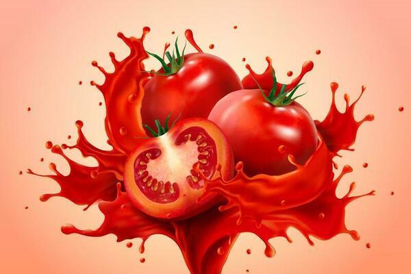 A powerful splash of fresh tomato juice with whole and sliced tomatoes on salmon pink background, as element for food product or drink ad, 3D illustration