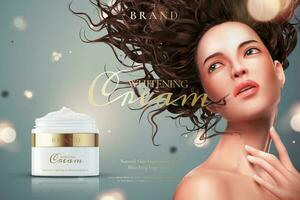 Whitening cream jar ads with beautiful woman on bokeh background in 3d illustration vector