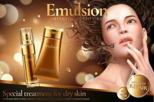 emulsión producto anuncios con hermosa mujer en dorado color reluciente antecedentes en 3d ilustración vector